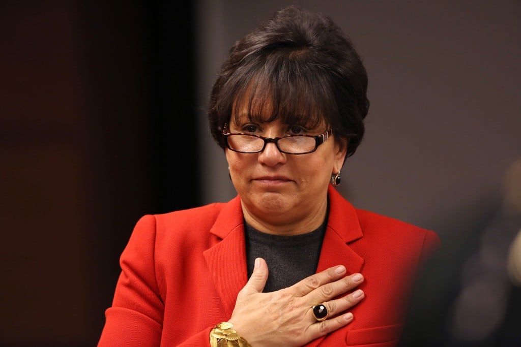Penny Pritzker of Chicago, shown on February 27, 2013, at a Chicago Public School Board of Education meeting, is reportedly being considered to be nominated the U.S. Secretary of Commerce. 