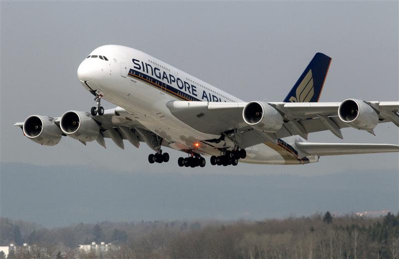 An Airbus A380 jet of Singapore Airlines takes off from the airport in Zurich. 