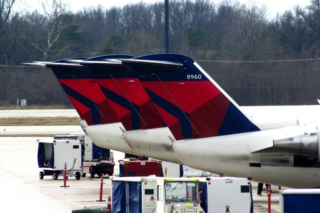 Pinnacle Airlines Bombardier jets in Delta's livery at Memphis International Airport. 
