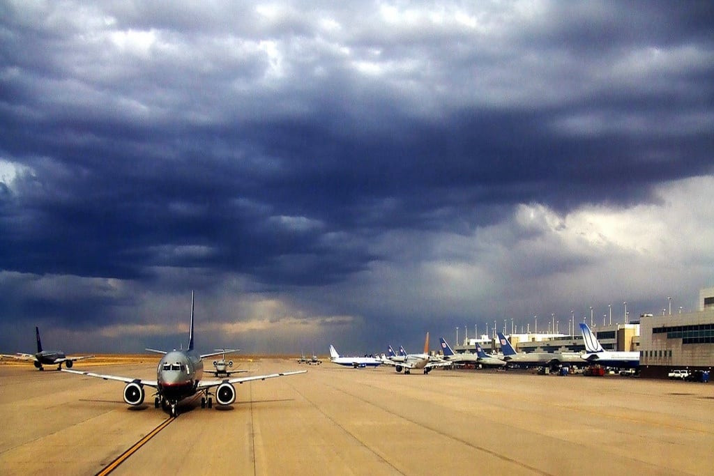A flight readies for takeoff at Denver International Airport. 