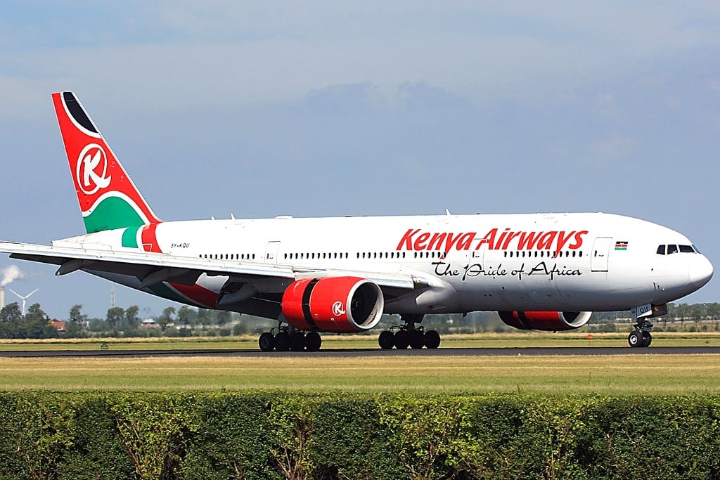 Kenya Airways lands at Amsterdam Schipol Airport. 