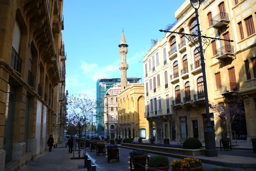 A mosque at the end of an empty street in Lebanon. 
