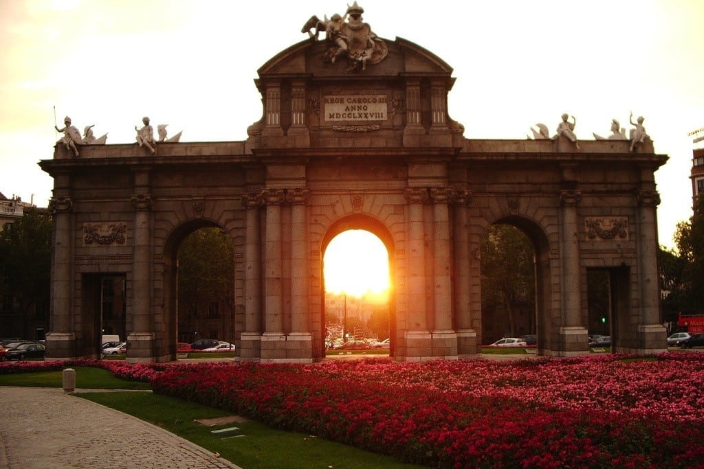 The sun sets behind a monument in Alcalá de Henares, a small city near the Spanish capital of Madrid, whose historical centre is one of UNESCO's World Heritage Sites. 