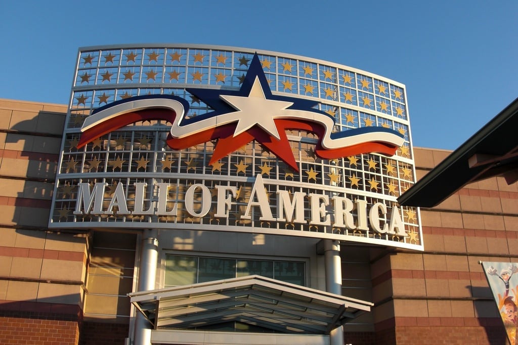 The sun sets on the entrance of the Mall of America. 