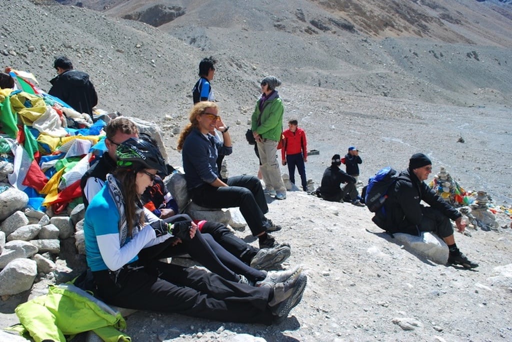 Tourists from Europe and the U.S. take a rest on the way to Mount Everest. 