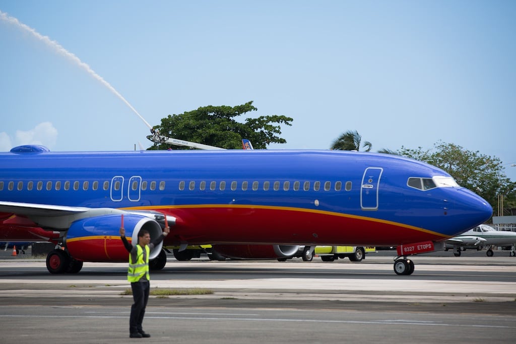 The first Southwest Airlines 737-800 arrives in San Juan's Luis Muñoz Marín International Airport on April 15, 2013.  