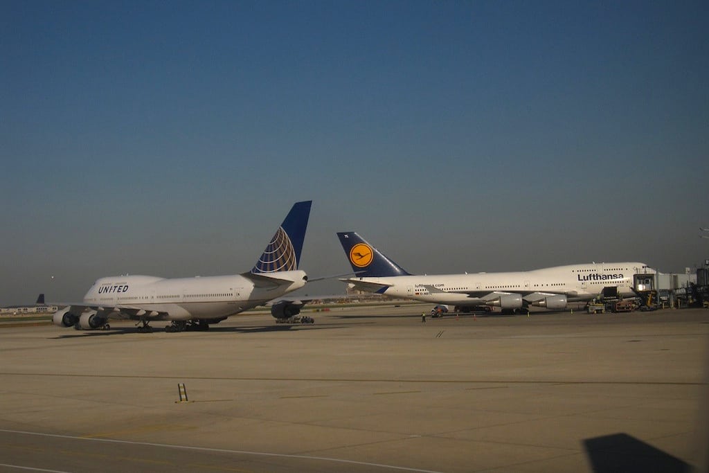 Lufthansa and United side-by-side at Chicago O'Hare Airport. 