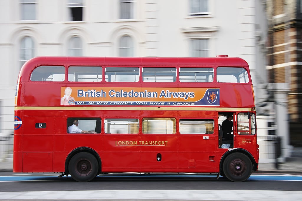 The red buses in London would stand out like a sore thumb in New York City. 