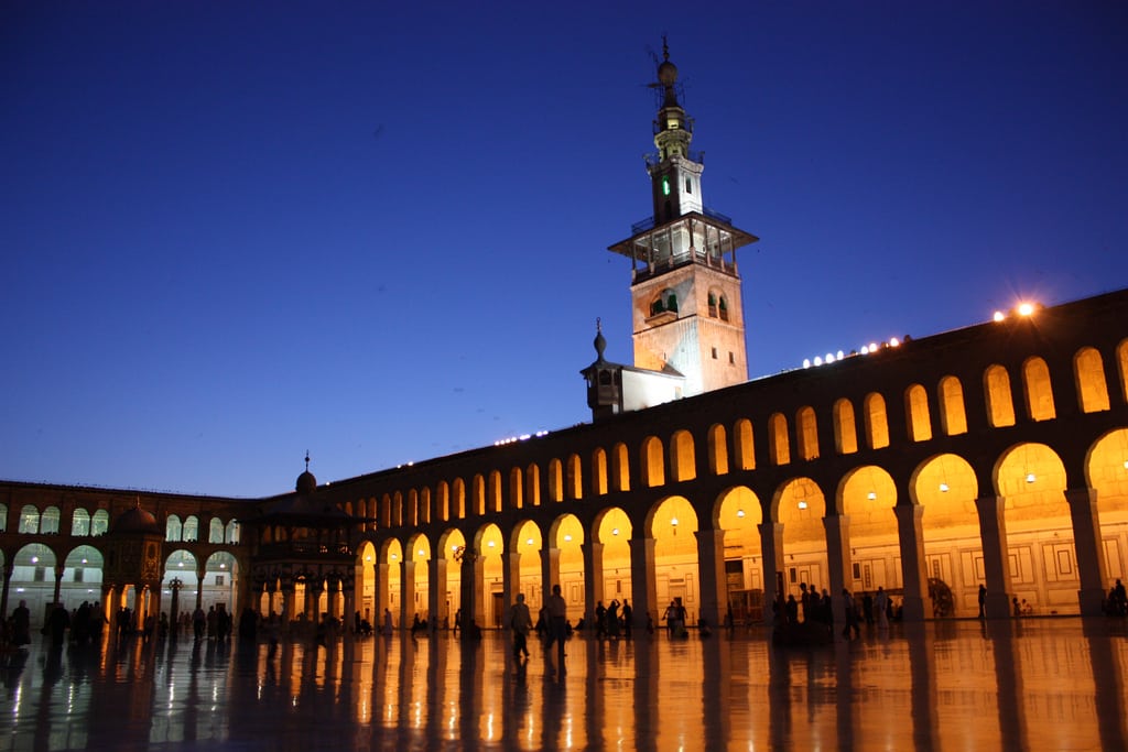 The  lights at Umayyad Mosque shine in Damascus, Syria. 