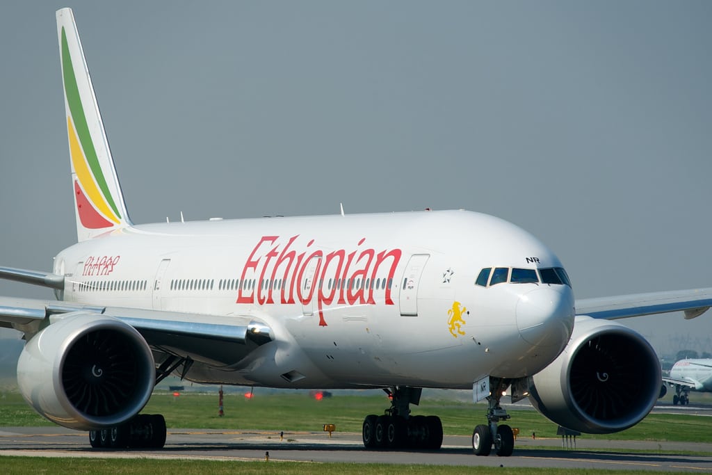 Ethiopian Airlines taxing on the runway at Québec City Jean Lesage International Airport. 
