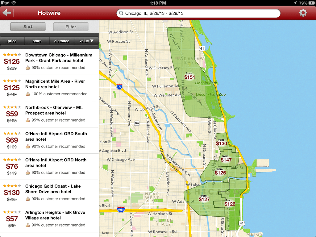 The map view in Hotwire's iPad app depictis available hotels by neighborhood in Chicago, for example. 
