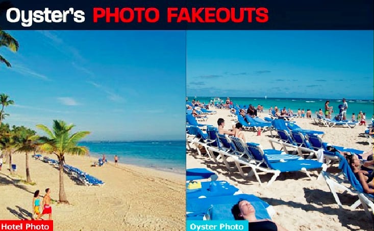 The photos, part of the Oyster photo takeout series, contrasts Gran Bahia Principe Punta Cana's pristine photo of its idyllic beach with a more realistic photo from Oyster. 