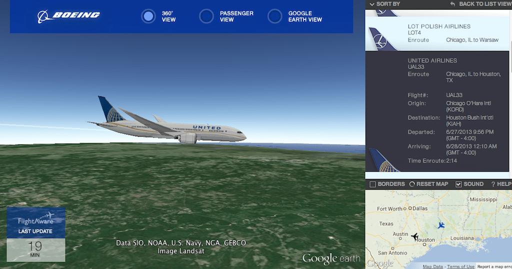 You could view the progress of Boeing 787 Dreamliner flight UAL33 last night from Chicago O'Hare to Houston Bush International using Boeing's new 787 Dreamliner Flight Tracker tool in Google Earth.  