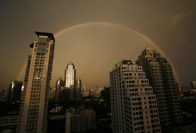 A rainbow arches over Bangkok's skyline after a rain storm on May 27, 2007 in this file photo.