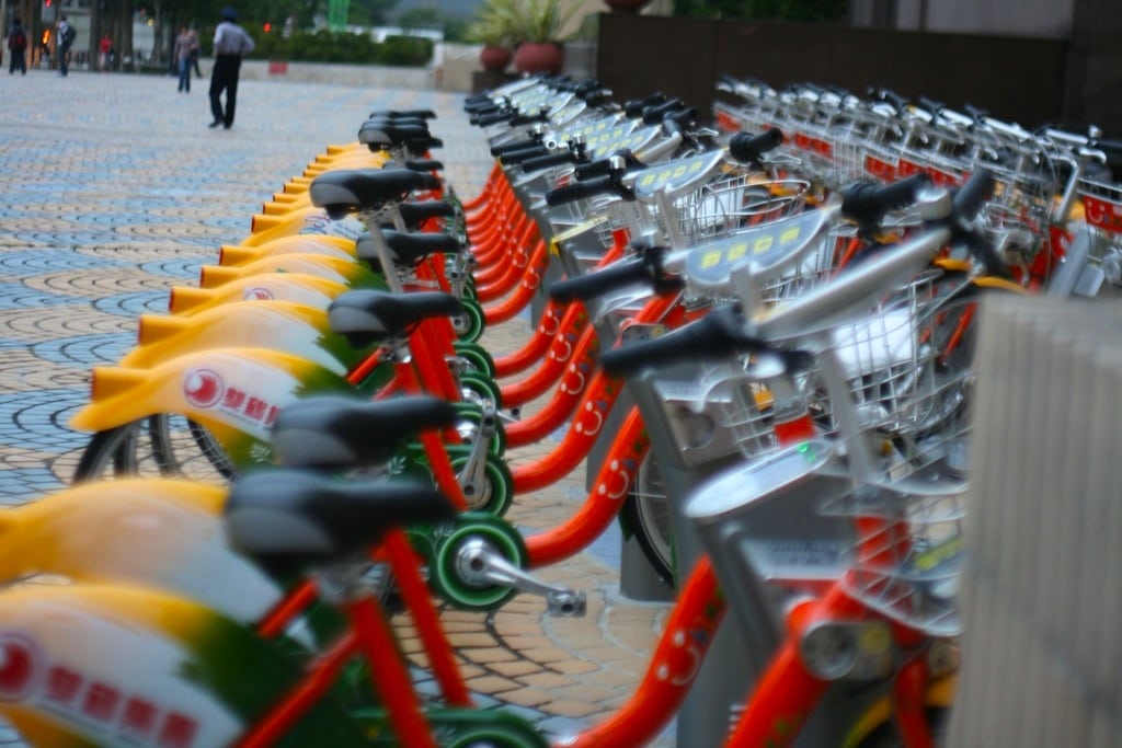 A bike share rack in Taipei, Taiwan. 