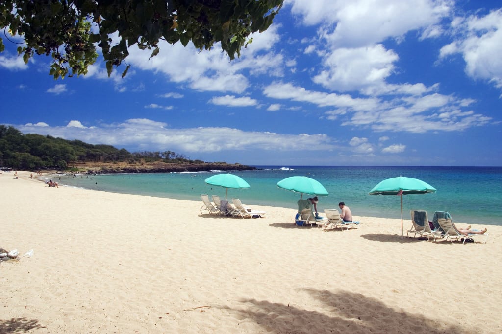 Hulopoe Beach on Lanai in Hawaii. The beach is adjacent to the Four Seasons Manele Bay Resort. There's plenty of sand, shade trees and warm water for locals and tourists to share. 