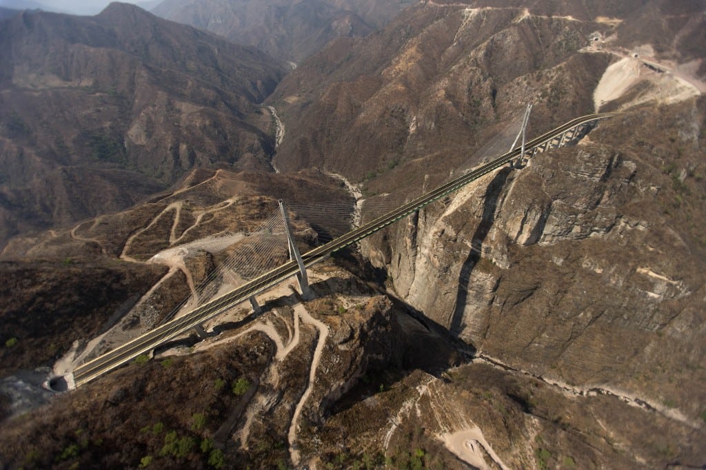 This June 11, 2013 photo shows an aerial view of the recently completed cable-stayed bridge called the Baluarte in the western Sierra Madre near Concordia, Mexico. 