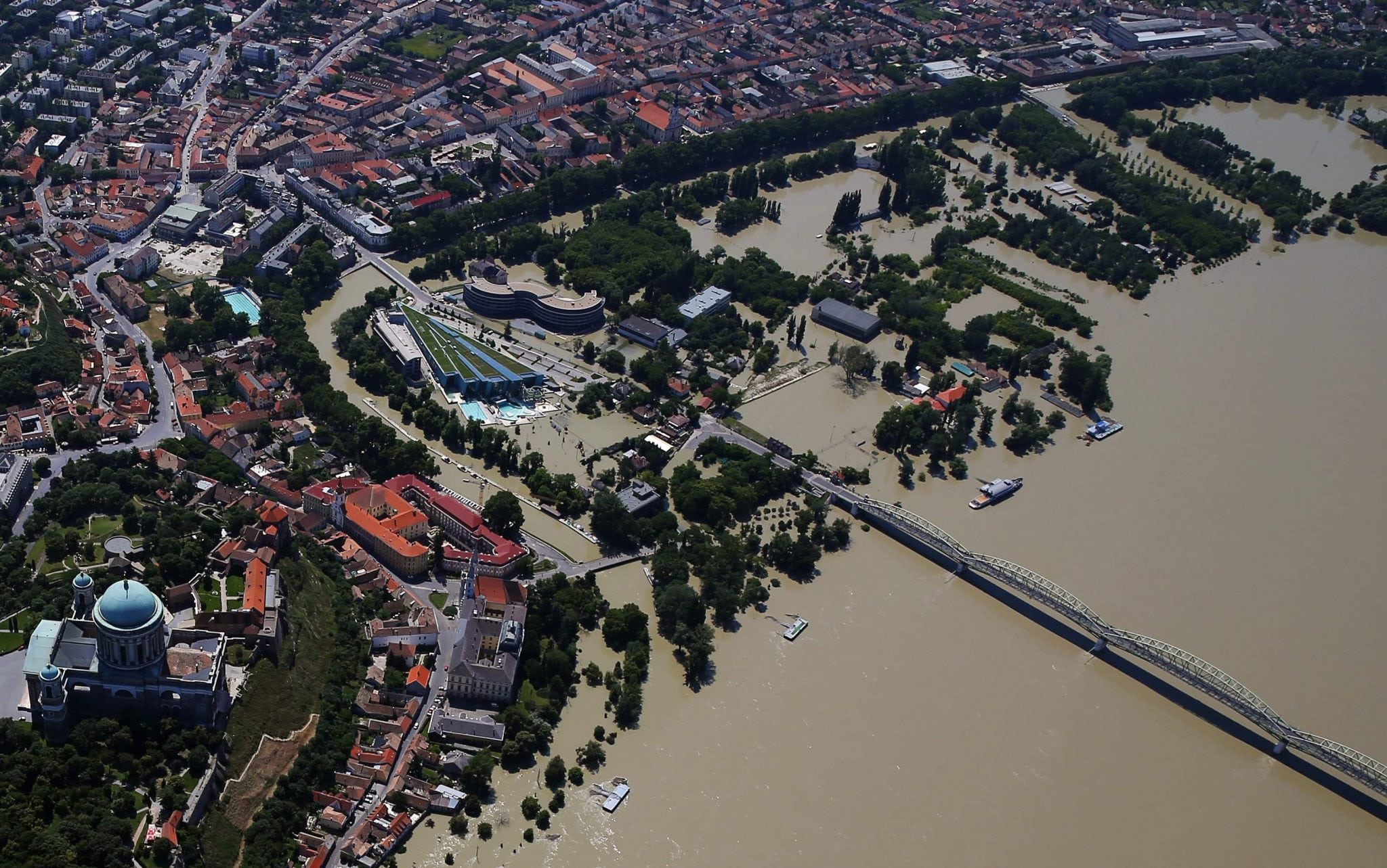 An aerial view of the swollen Danube River is pictured in Esztergom. 