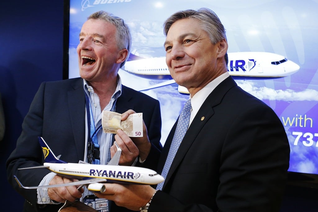 President and CEO of Boeing Commercial Airplanes Conner and Ryanair Chief Executive O'Leary pose during a signing ceremony at the 50th Paris Air Show near Paris
