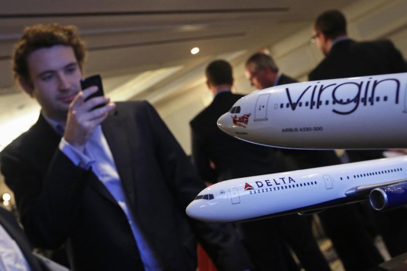 Aircraft models are seen following a news conference to announce the sale of Virgin Atlantic airline to Delta Air Lines, in New York. 