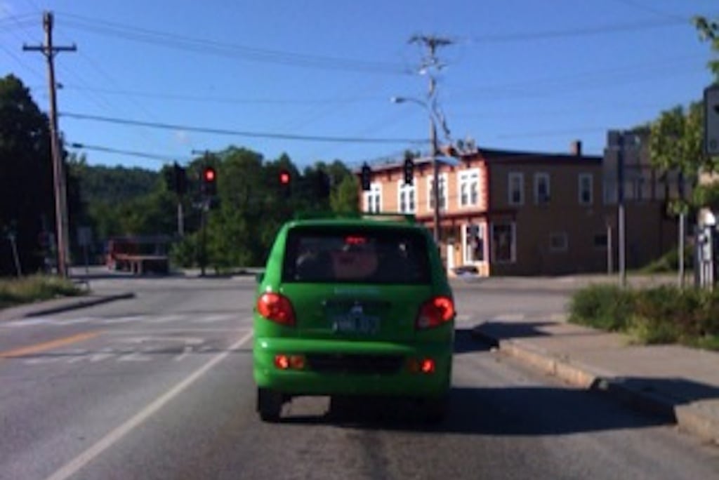 A small three-wheeled electric car in Vermont. 