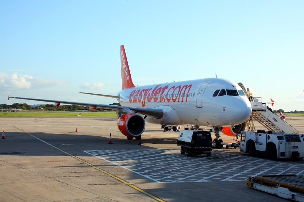 EasyJet sits at Manchester Airport. 