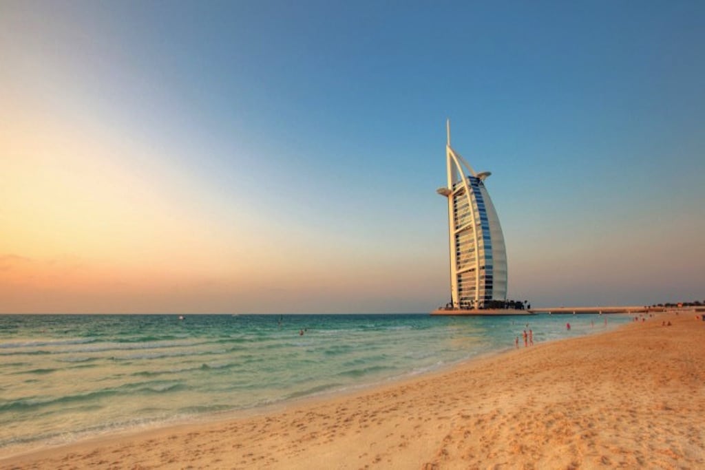 Jumeirah Beach Park in Dubai, with Burj al Arab hotel in the background.