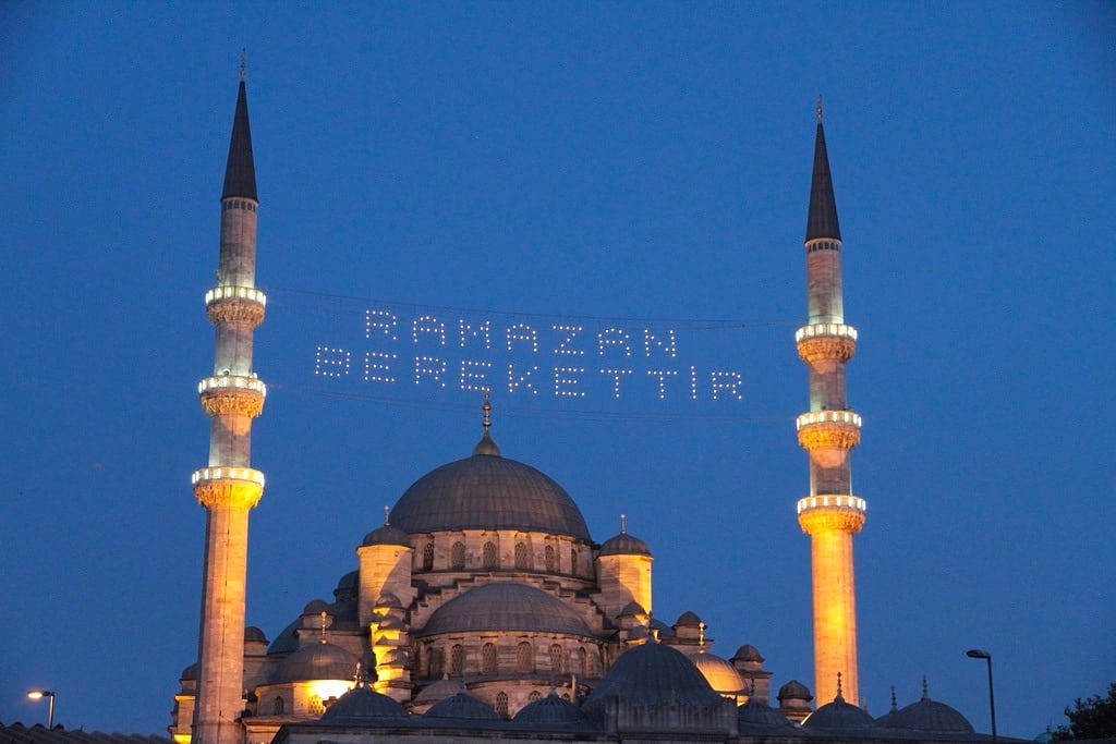 A sign on the Blue Mosque in Istanbul celebrates the first day of  Ramadan in 2011. 