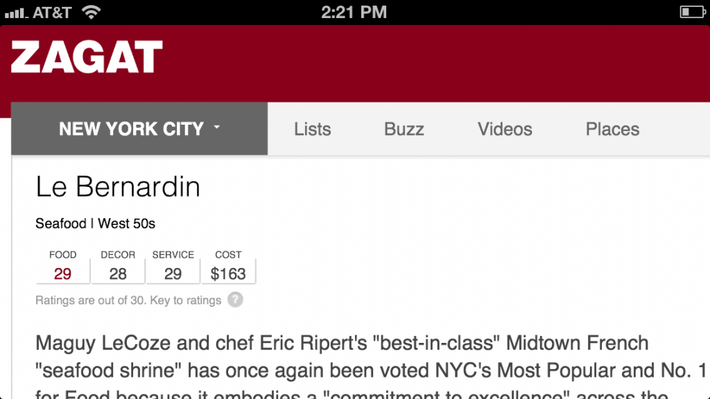 The new, HTML-5 based mobile Zagat.com site on an iPhone. 