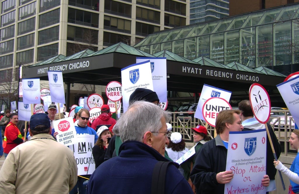 Chicago teachers join protesting Hyatt workers outside the Hyatt Regency Chicago on April 9, 2011. 