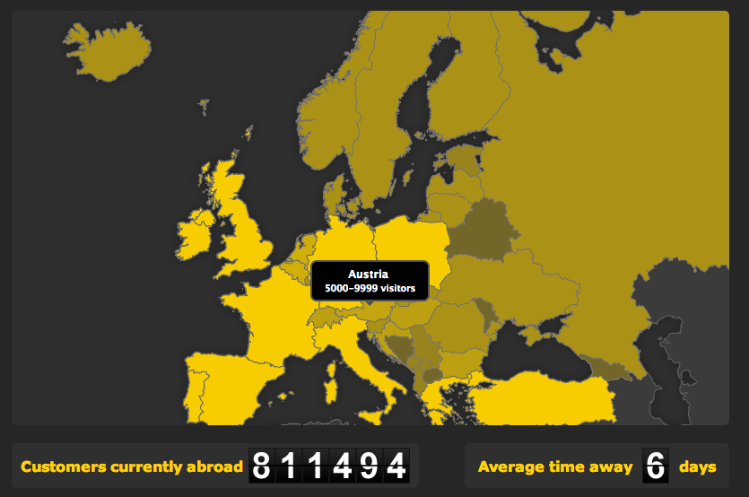 The JetSetMe visualization of all O2 Uk customers roaming around Europe.