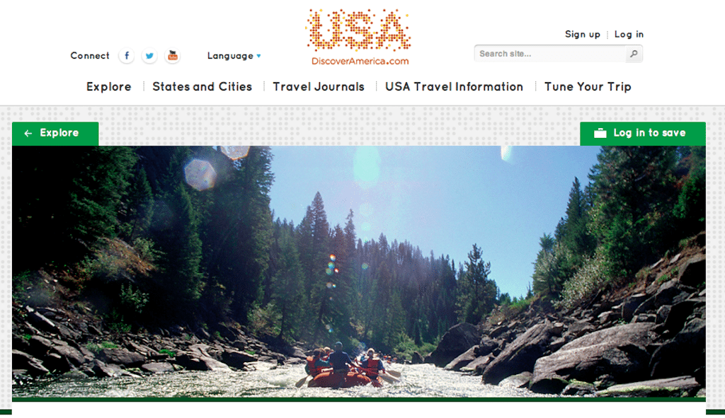 Brand USA's DiscoverAmerica.com consumer website touts the allures of rafting along the Salmon River in Idaho, and other attractions. 