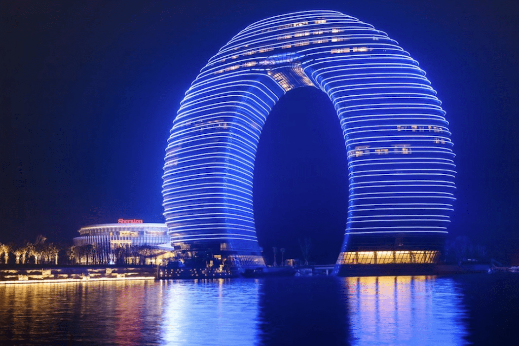 The Sheraton Huzhou Hot Spring Resort, also known as the 'horseshoe hotel' is one of several uniquely designed buildings to open in China recently.