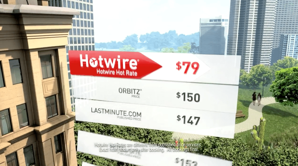Some of Expedia Inc.'s brands, including Hotwire, have been trouble finding an effective voice because of increased competition in offline advertising. Pictured is a screenshot from a Hotwire commercial.  