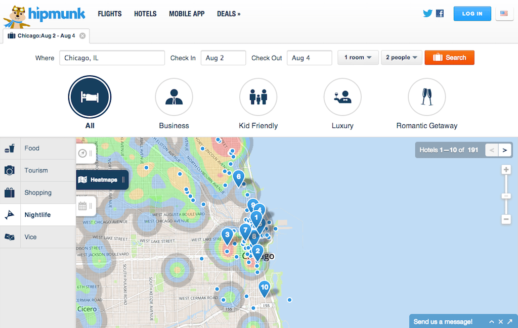 Hipmunk's heat maps enable users to view areas rife with shopping, nightlife or tourist spots and choose hotels based on the proximity. 