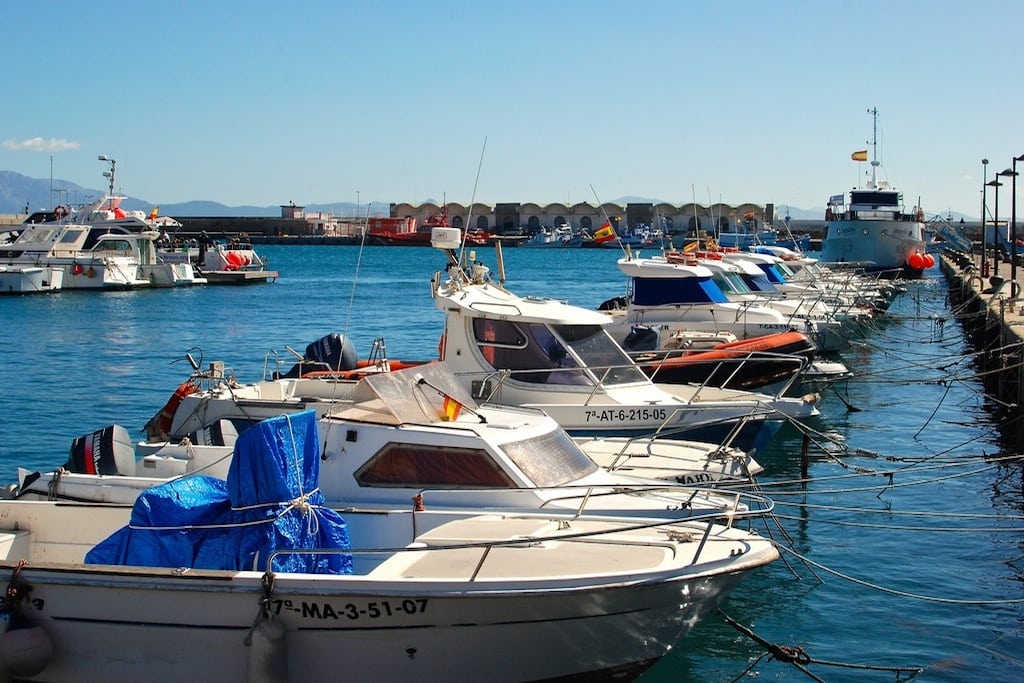 Boats moored to the marina in Tarifa, the southernmost tip of Spain. 