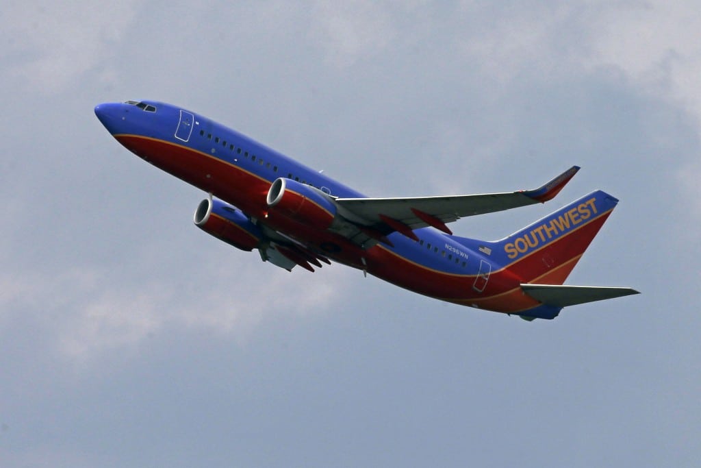 A Southwest Airlines plane takes off. 