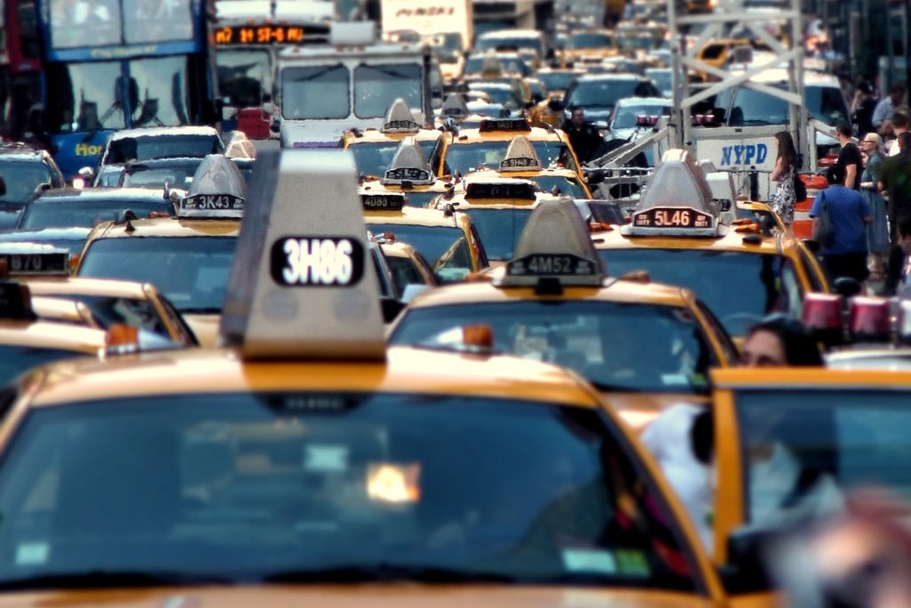Traffic jam fills Times Square, New York City. 