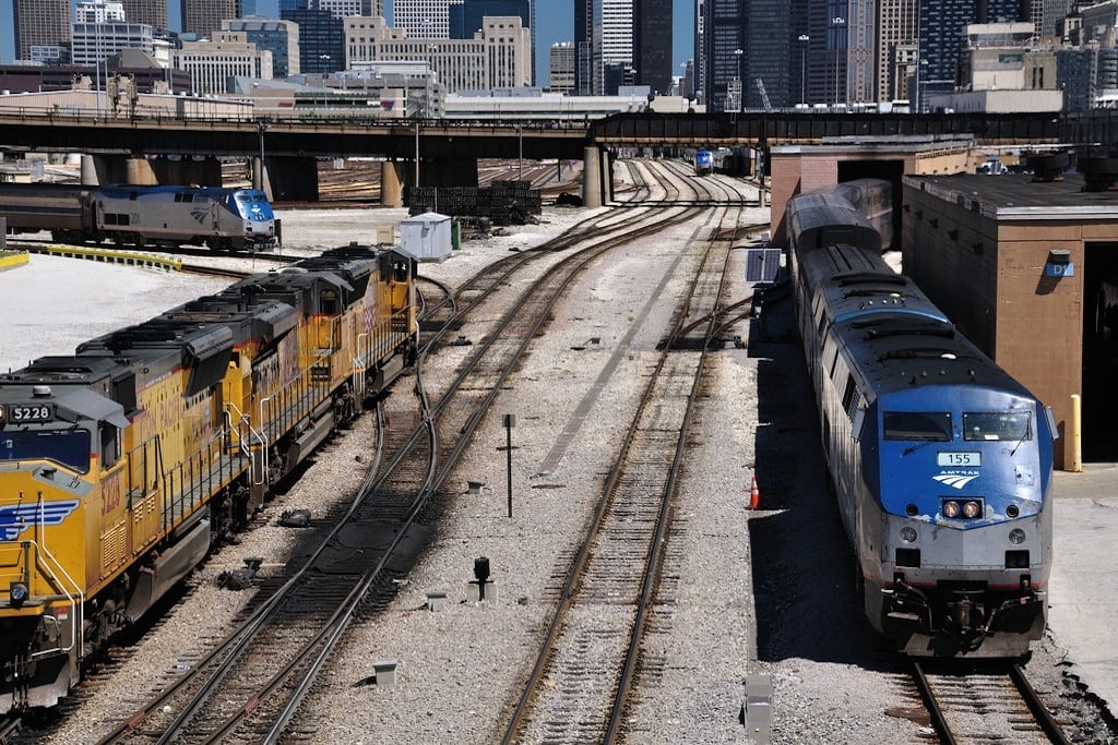 Three freight trains run into Amtrak territory in Chicago. 