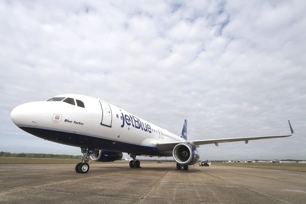 A JetBlue Airbus A320 air plane is pictured on the tarmac at a ground breaking ceremony for the first Airbus U.S. assembly plant in Mobile, Alabama April 8, 2013. Airbus broke ground on a plane assembly plant in Mobile, Alabama, on Monday, a big step toward making its first U.S. plant a reality in a bid to win market share from Boeing Co. 