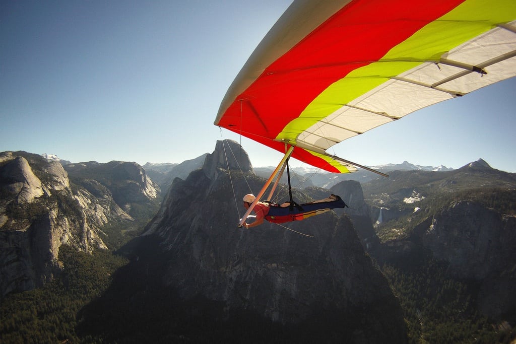 A man hang glides through Yosemite National Park. Photo aken via GoPro camera.