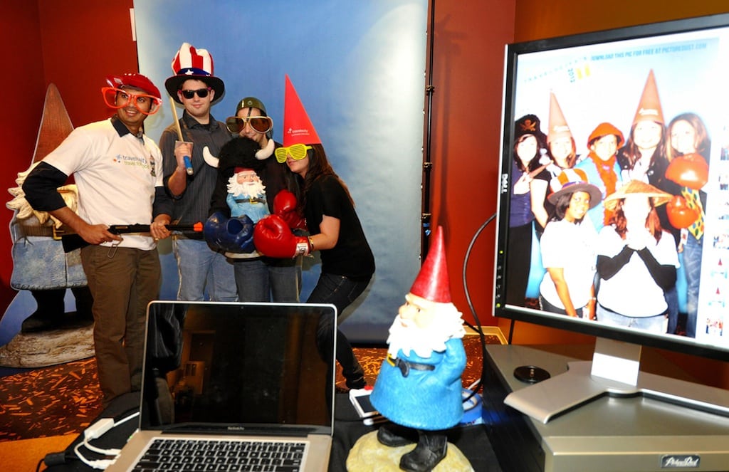 The Roaming Gnome, Travelocity's mascot, takes part in the company's 16th birthday festivities at its Southlake, Texas headquarters. 