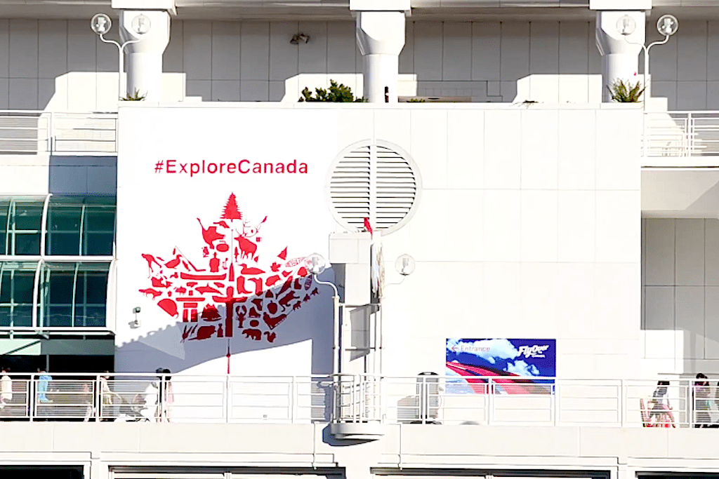 A giant Canadian maple leaf is painted in downtown Vancouver in honor of Canada Day. 