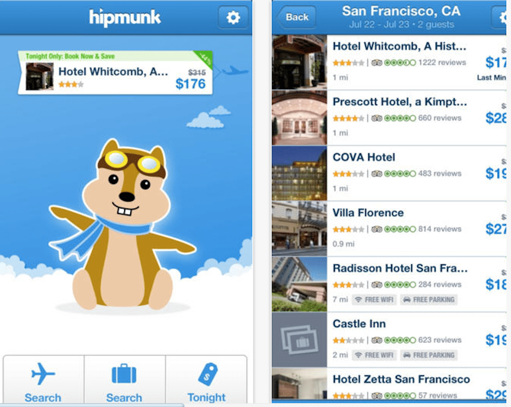 Hipmunk debuted Tonight Only hotel deals. This is a screenshot from its new iPhone app, with a shortcut for Tonight Only deals. 
