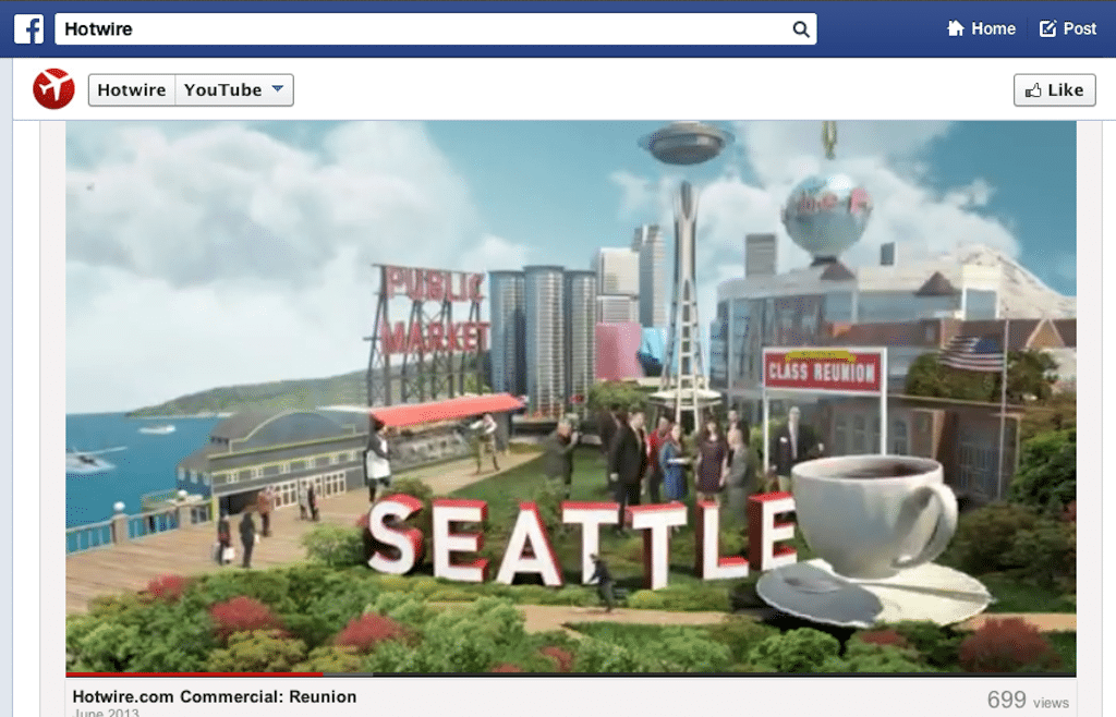 Here's a screenshot from a recent Hotwire's TV ad that was posted on YouTube and Hotwire's Facebook page. Hotwire has lost share this year and impacted parent company Expedia Inc.'s financial results. 