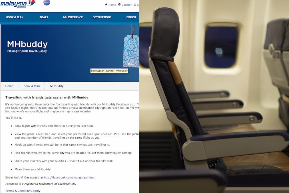 Malaysia Airlines is at the forefront of social seating using social media profiles through its MHBuddy (at left) Facebook app. But, what if airlines did something of the opposite and sold half-seats to passengers who already have a full seat, and don't want anyone crowding in next to them? One travel agency is pushing that idea.