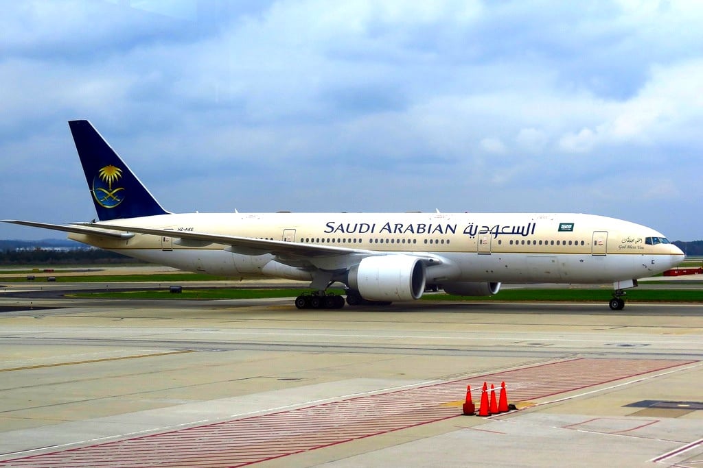 Saudia Boeing 777 jet sits at Washington Dulles International Airport.