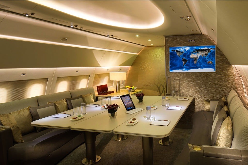 The common area on Emirates Exclusive fits two sofas and six lounge seats. 