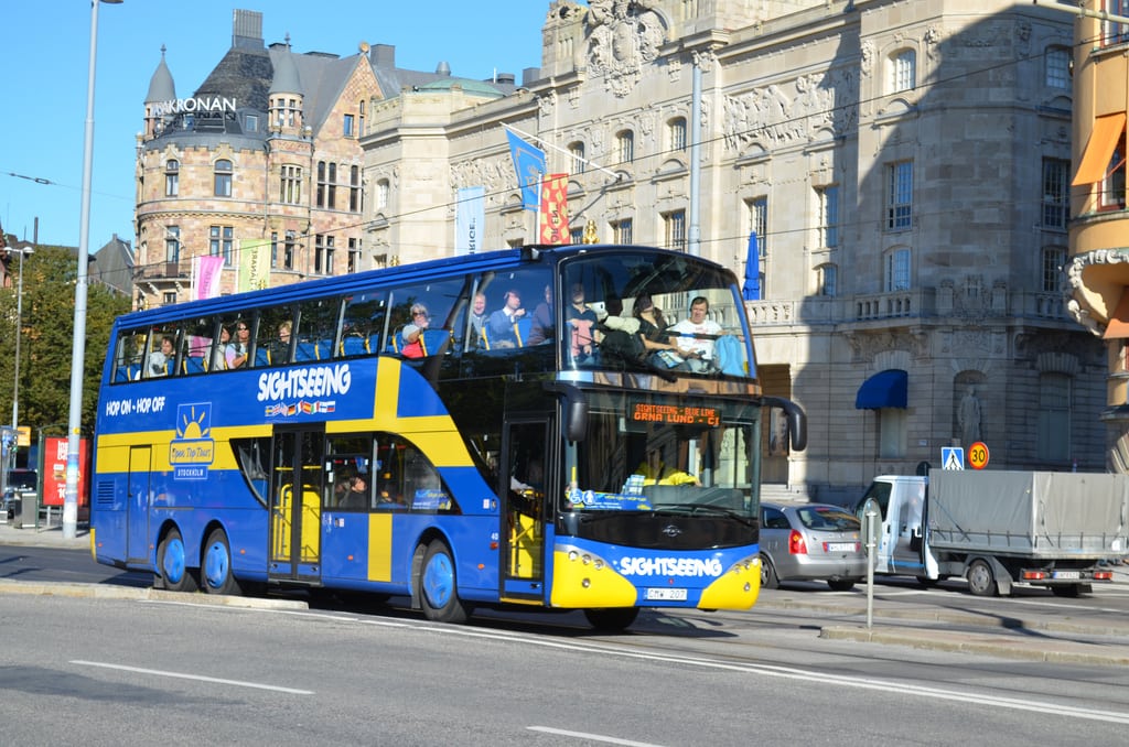 A tour bus passes through Stockholm, Sweden. 