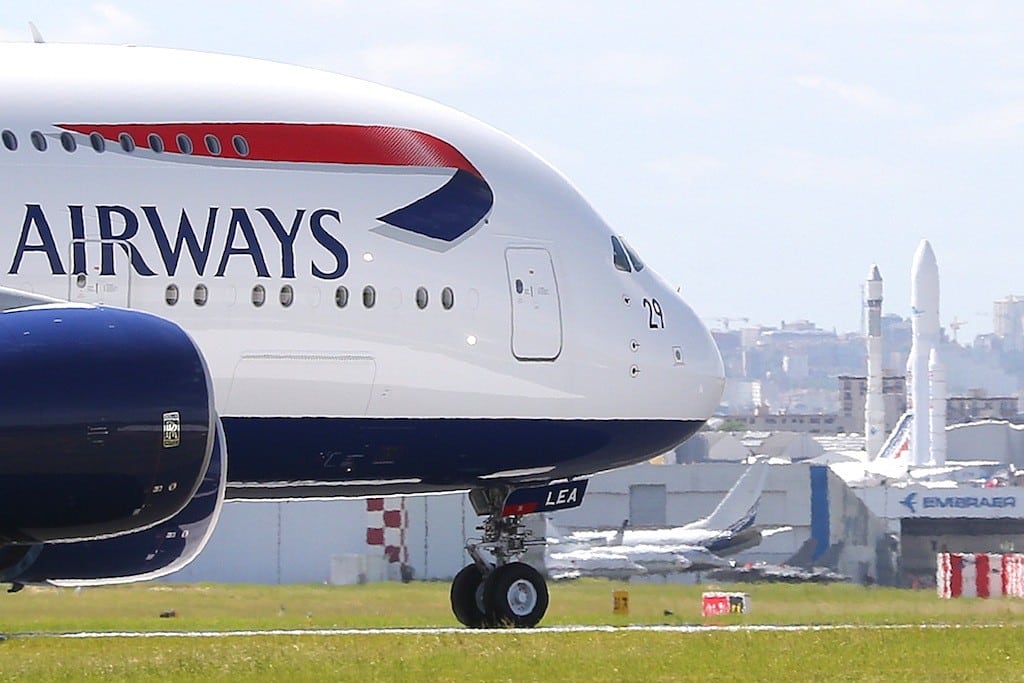 A British Airways Airbus A380 taxis after landing at the Le Bourget airport near Paris, one day before the start of the 50th Paris Air Show, June 16, 2013. 
